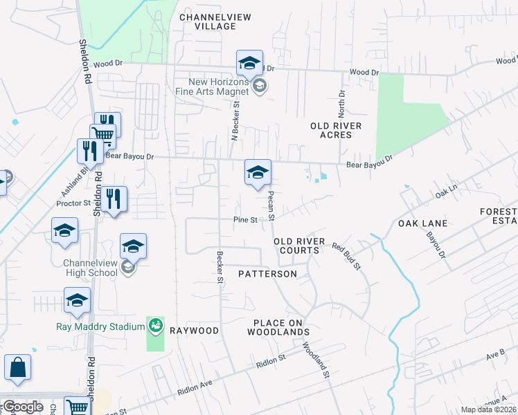 map of restaurants, bars, coffee shops, grocery stores, and more near 1209 Pecan Street in Channelview