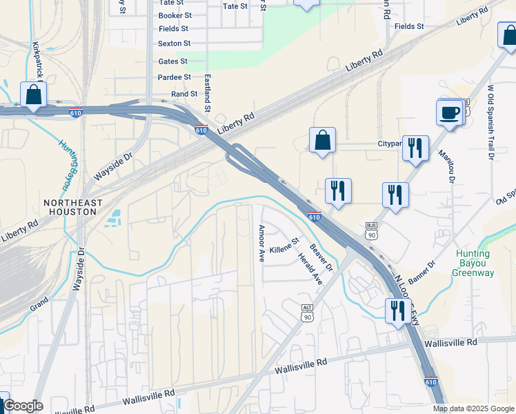 map of restaurants, bars, coffee shops, grocery stores, and more near 4111 Amoor Avenue in Houston