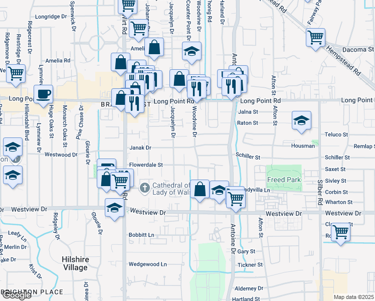 map of restaurants, bars, coffee shops, grocery stores, and more near 7603 Janak Drive in Houston