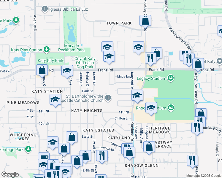 map of restaurants, bars, coffee shops, grocery stores, and more near 1902 Myrna Lane in Katy