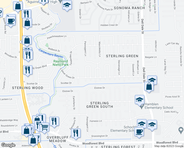 map of restaurants, bars, coffee shops, grocery stores, and more near 1330 Holbech Lane in Channelview