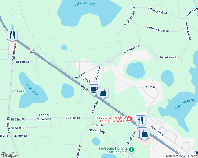 map of restaurants, bars, coffee shops, grocery stores, and more near 5643 Southeast 2nd Avenue in Keystone Heights