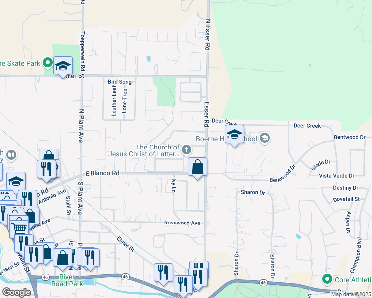 map of restaurants, bars, coffee shops, grocery stores, and more near 201 Fawn Valley Drive in Boerne