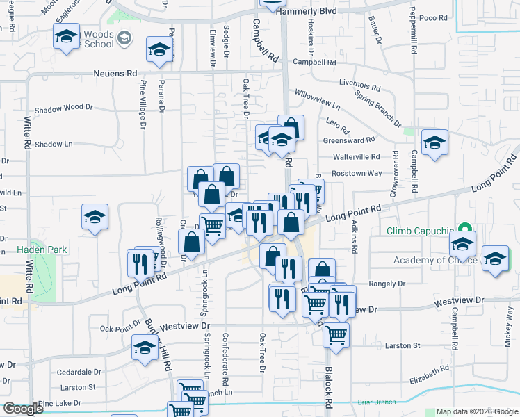 map of restaurants, bars, coffee shops, grocery stores, and more near 9550 Long Point Road in Houston
