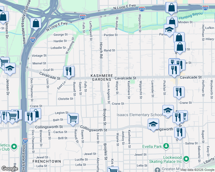 map of restaurants, bars, coffee shops, grocery stores, and more near 4210 Broyles Street in Houston