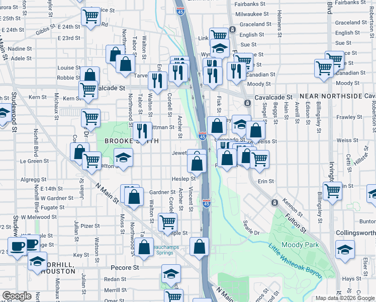 map of restaurants, bars, coffee shops, grocery stores, and more near 603 Jewett Street in Houston