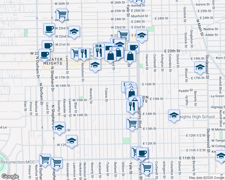 map of restaurants, bars, coffee shops, grocery stores, and more near 1527 Rutland Street in Houston