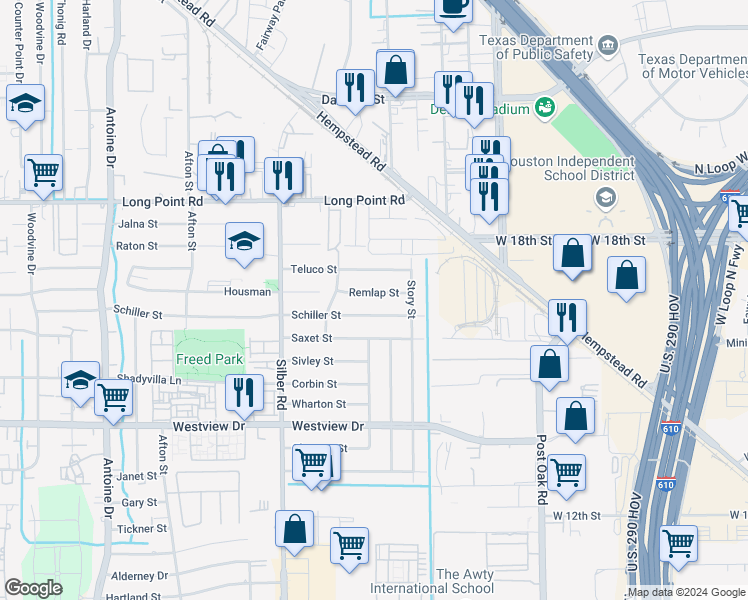 map of restaurants, bars, coffee shops, grocery stores, and more near 6434 Schiller Street in Houston