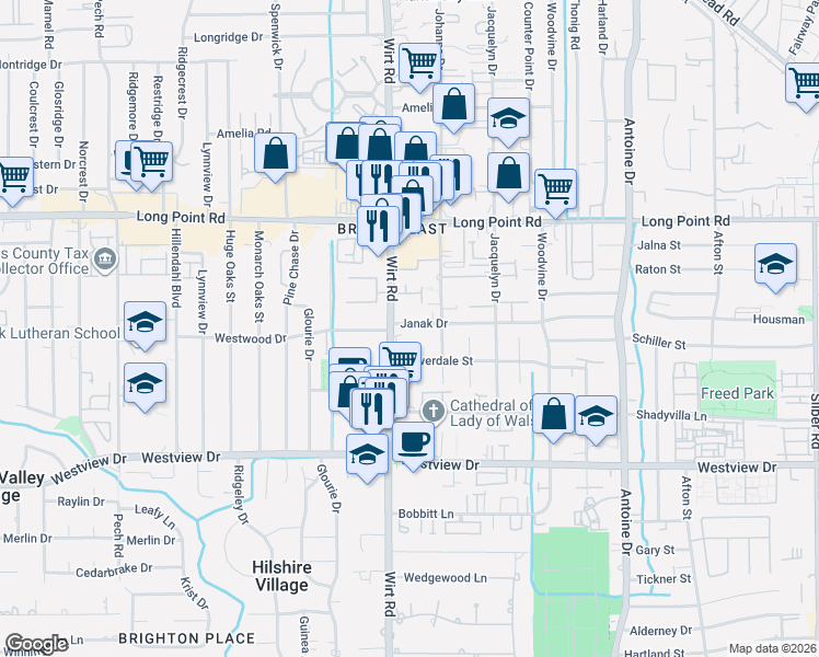 map of restaurants, bars, coffee shops, grocery stores, and more near 1527 Baggett Lane in Houston