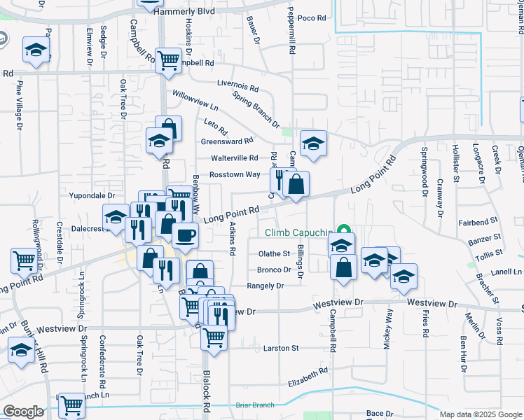 map of restaurants, bars, coffee shops, grocery stores, and more near 9235 Long Point Road in Houston