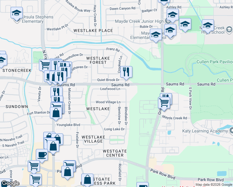 map of restaurants, bars, coffee shops, grocery stores, and more near 19318 Gagelake Lane in Houston