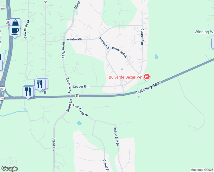 map of restaurants, bars, coffee shops, grocery stores, and more near 18670 Forty Six Parkway in Spring Branch