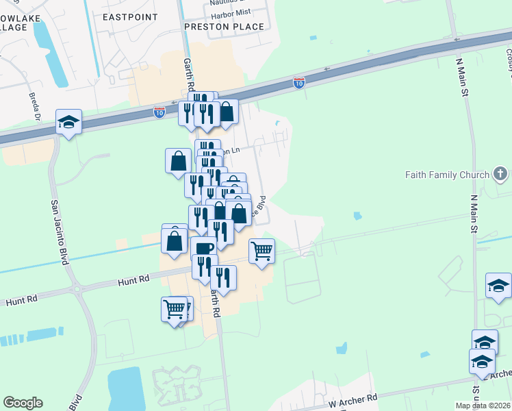 map of restaurants, bars, coffee shops, grocery stores, and more near 6607 Independence Boulevard in Baytown