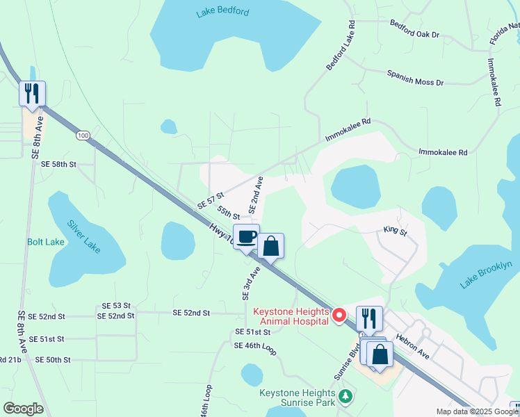 map of restaurants, bars, coffee shops, grocery stores, and more near 5643 Southeast 2nd Avenue in Keystone Heights