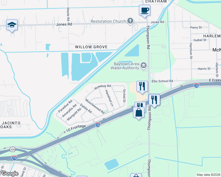 map of restaurants, bars, coffee shops, grocery stores, and more near 1503 Blossom Lane in Baytown