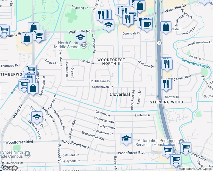 map of restaurants, bars, coffee shops, grocery stores, and more near 14115 Crosshaven Drive in Houston