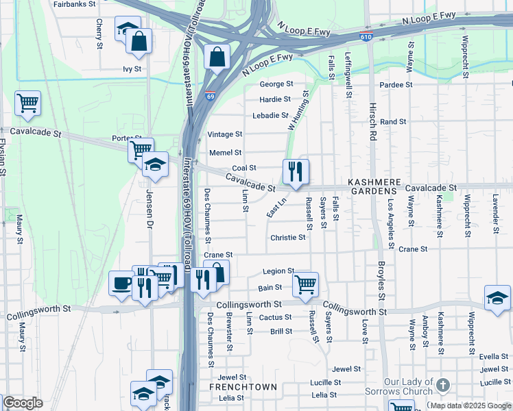 map of restaurants, bars, coffee shops, grocery stores, and more near 3308 Chickering Street in Houston