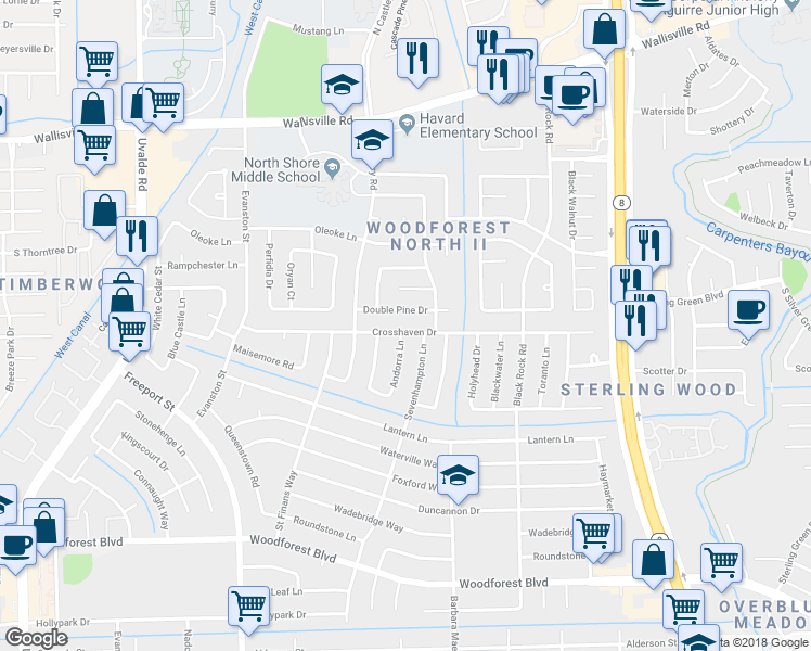map of restaurants, bars, coffee shops, grocery stores, and more near 14103 Crosshaven Drive in Houston