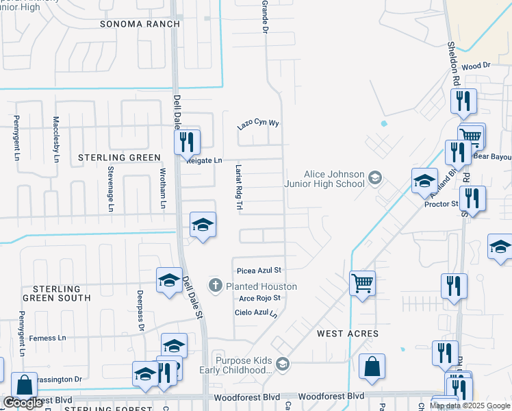map of restaurants, bars, coffee shops, grocery stores, and more near 15425 Bonita Grulla Way in Channelview