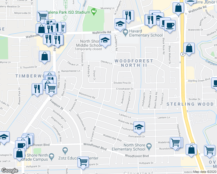map of restaurants, bars, coffee shops, grocery stores, and more near 13911 Crosshaven Drive in Houston