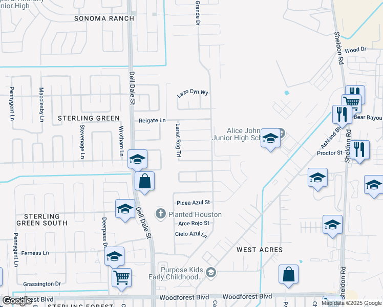 map of restaurants, bars, coffee shops, grocery stores, and more near 15425 Bonita Grulla Way in Channelview