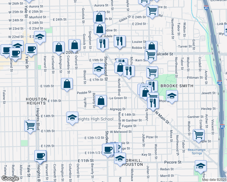 map of restaurants, bars, coffee shops, grocery stores, and more near 1106 Peddie Street in Houston