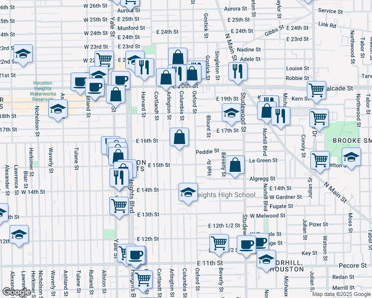 map of restaurants, bars, coffee shops, grocery stores, and more near 1519 Oxford Street in Houston
