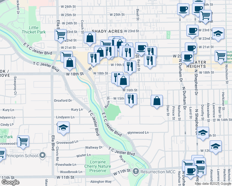 map of restaurants, bars, coffee shops, grocery stores, and more near 1227 West 15th 1/2 Street in Houston