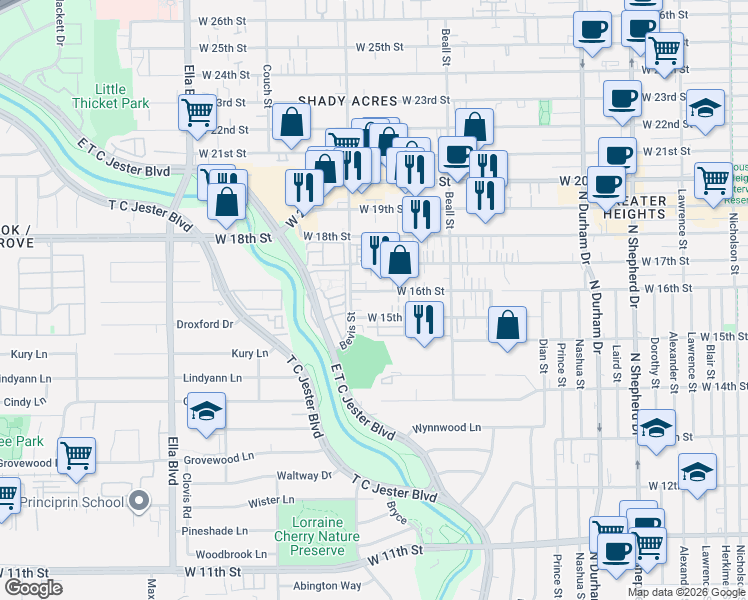 map of restaurants, bars, coffee shops, grocery stores, and more near 1227 West 15th 1/2 Street in Houston