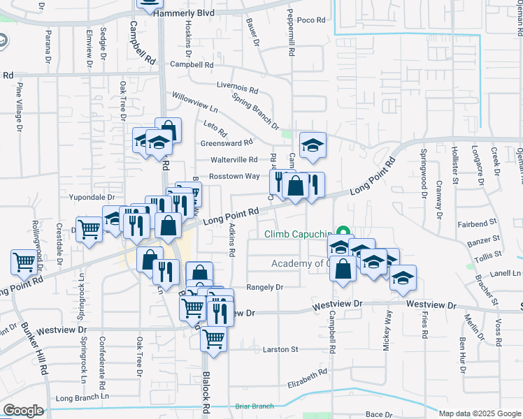 map of restaurants, bars, coffee shops, grocery stores, and more near 9235 Long Point Road in Houston