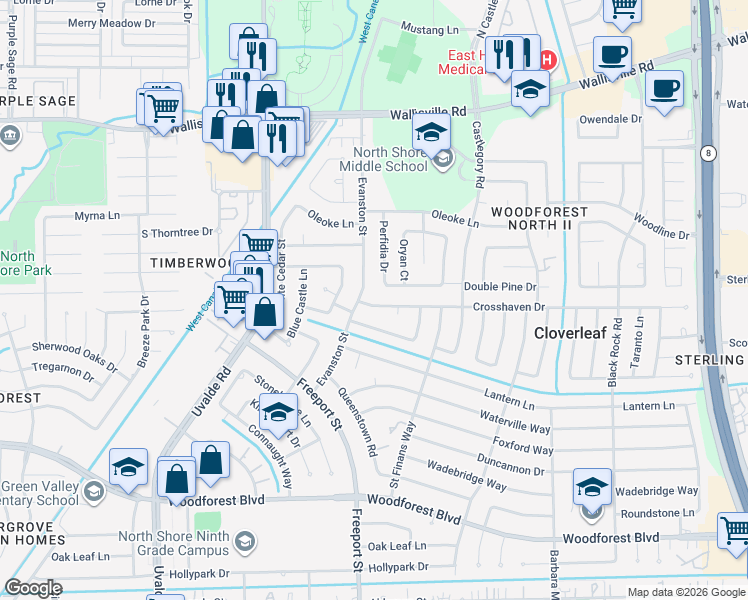 map of restaurants, bars, coffee shops, grocery stores, and more near 13815 Crosshaven Drive in Houston