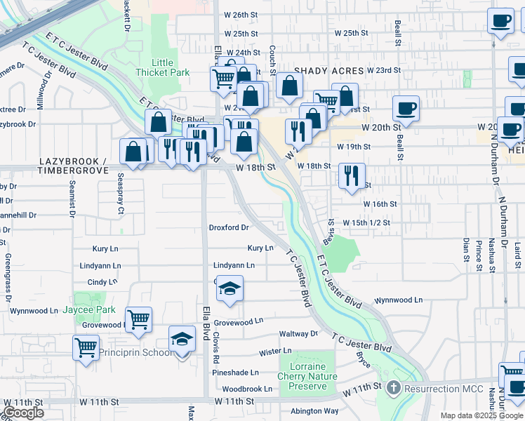 map of restaurants, bars, coffee shops, grocery stores, and more near 1660 West T C Jester Boulevard in Houston