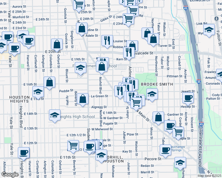 map of restaurants, bars, coffee shops, grocery stores, and more near 1018 Peddie Street in Houston