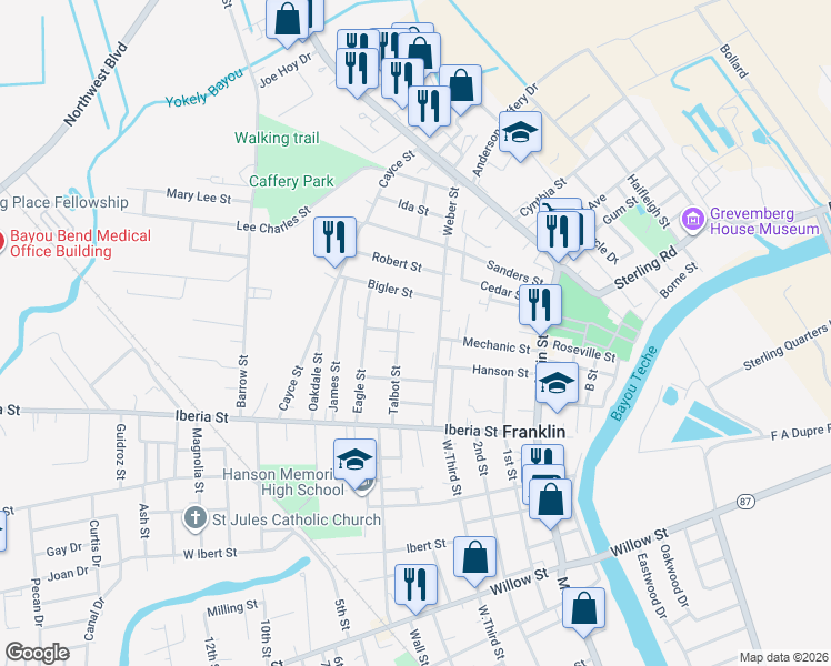 map of restaurants, bars, coffee shops, grocery stores, and more near 601 Pecot Street in Franklin