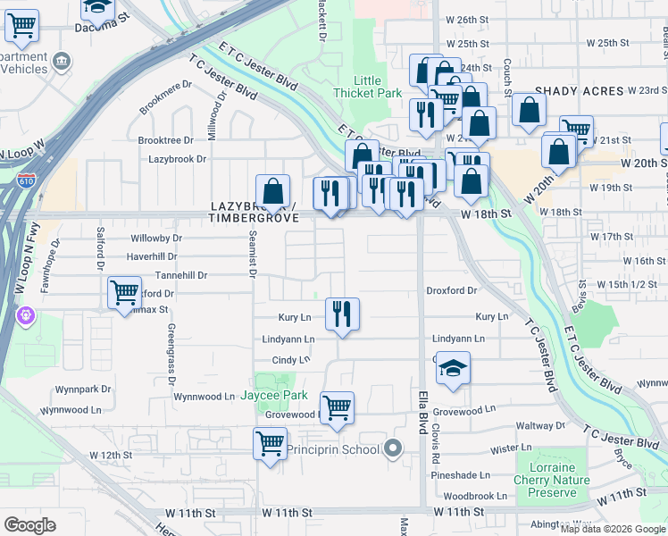 map of restaurants, bars, coffee shops, grocery stores, and more near 1700 Seaspray Court in Houston