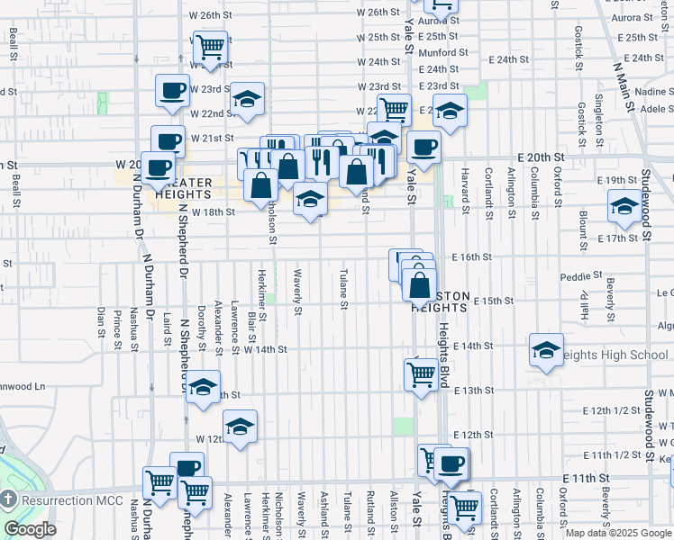 map of restaurants, bars, coffee shops, grocery stores, and more near 1537 Tulane Street in Houston