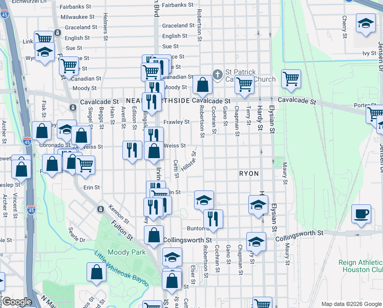 map of restaurants, bars, coffee shops, grocery stores, and more near 1022 Hillstar Street in Houston