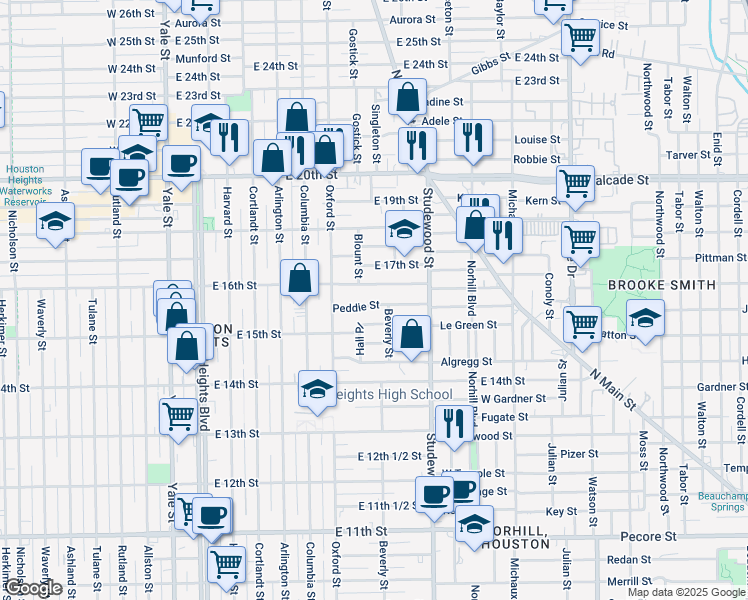 map of restaurants, bars, coffee shops, grocery stores, and more near 618 Peddie Street in Houston