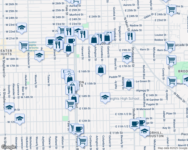 map of restaurants, bars, coffee shops, grocery stores, and more near 1522 Arlington Street in Houston