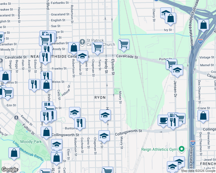 map of restaurants, bars, coffee shops, grocery stores, and more near 4220 Hardy Street in Houston