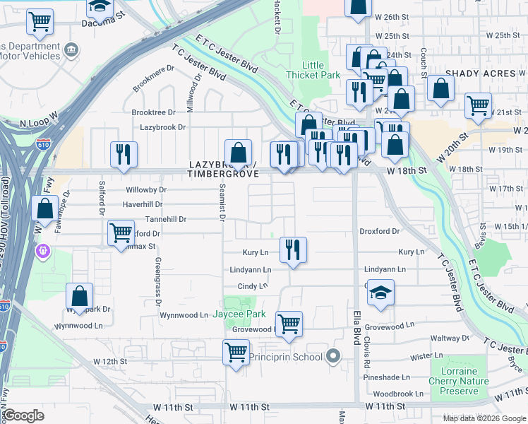 map of restaurants, bars, coffee shops, grocery stores, and more near 2121 Tannehill Drive in Houston