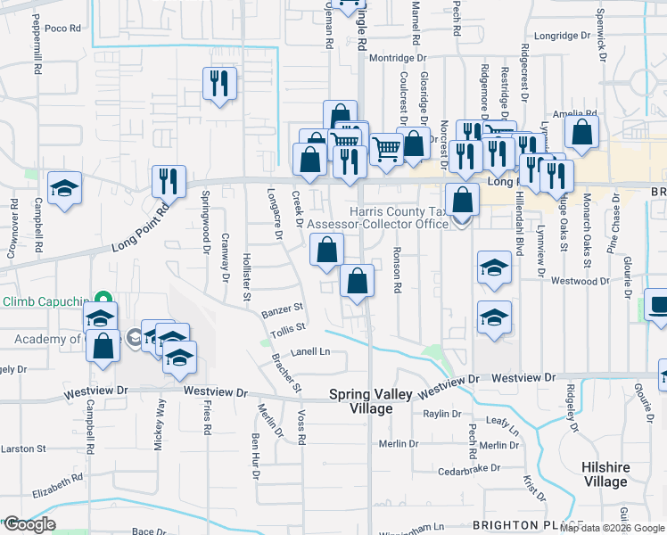 map of restaurants, bars, coffee shops, grocery stores, and more near 8706 Strongoak Lane in Houston