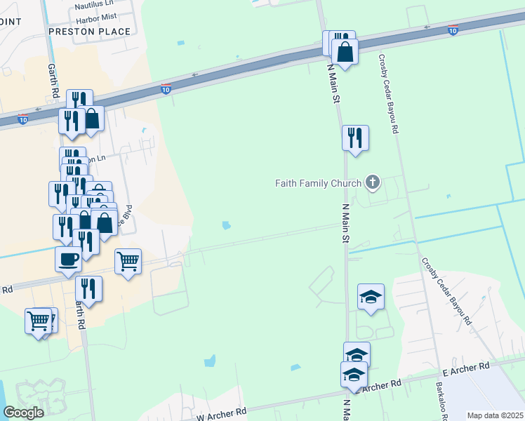 map of restaurants, bars, coffee shops, grocery stores, and more near Hunt Road in Baytown