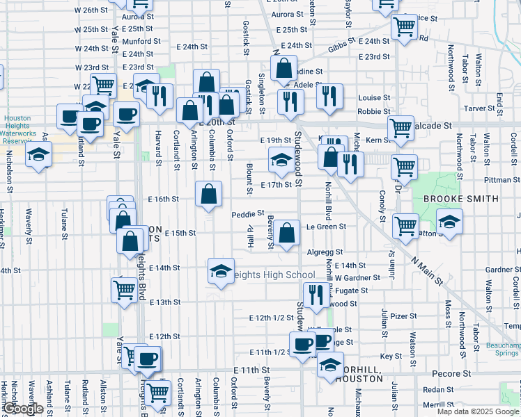 map of restaurants, bars, coffee shops, grocery stores, and more near 618 Peddie Street in Houston