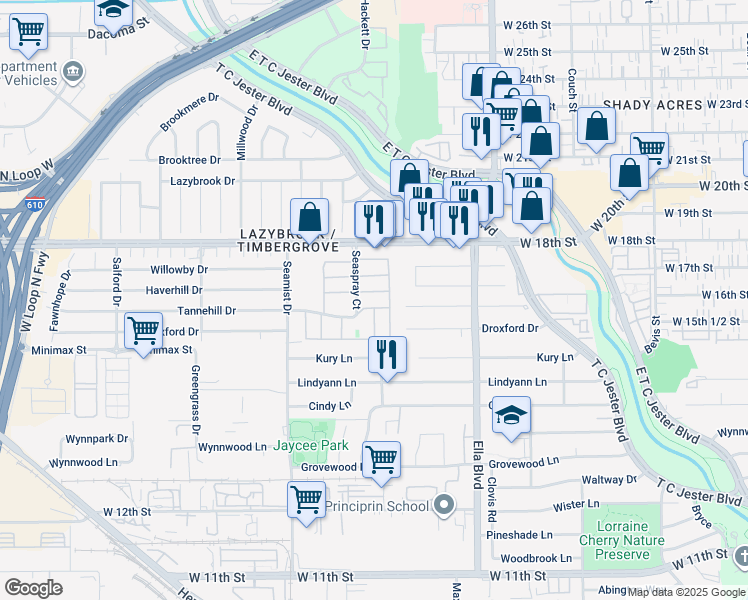 map of restaurants, bars, coffee shops, grocery stores, and more near 1700 Seaspray Court in Houston