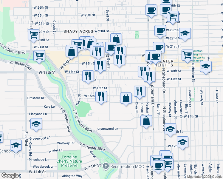 map of restaurants, bars, coffee shops, grocery stores, and more near 1529A Beall Street in Houston