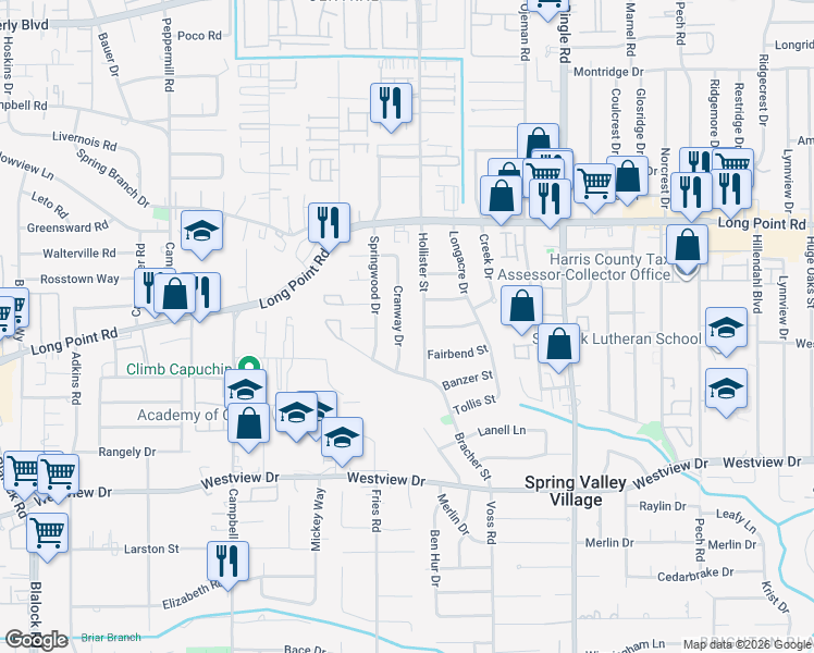 map of restaurants, bars, coffee shops, grocery stores, and more near 1609 Hollister Street in Houston