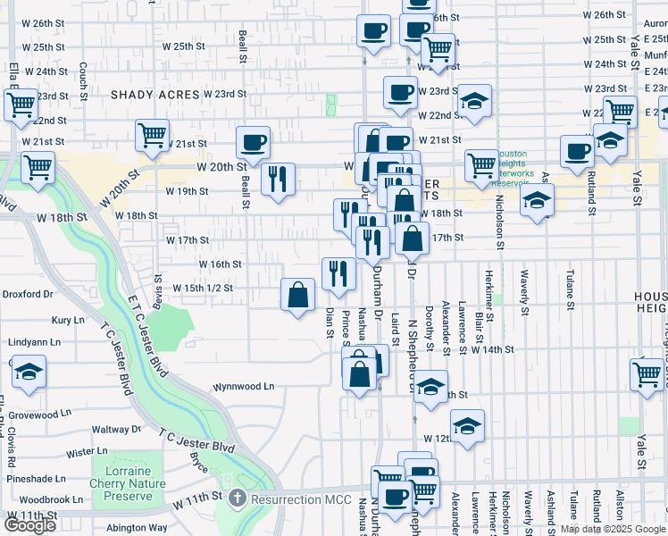 map of restaurants, bars, coffee shops, grocery stores, and more near 1523 Prince Street in Houston