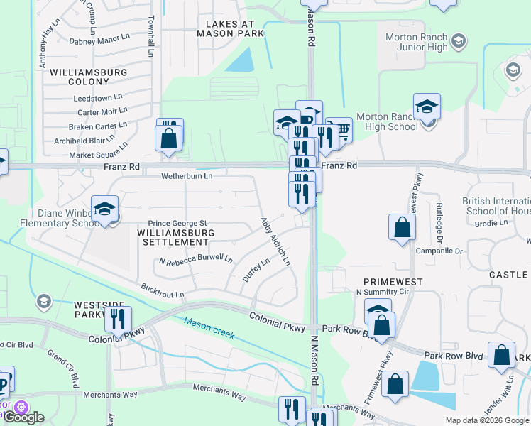 map of restaurants, bars, coffee shops, grocery stores, and more near 22206 Prince George Street in Katy