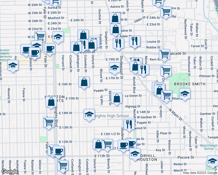 map of restaurants, bars, coffee shops, grocery stores, and more near 806 Peddie Street in Houston